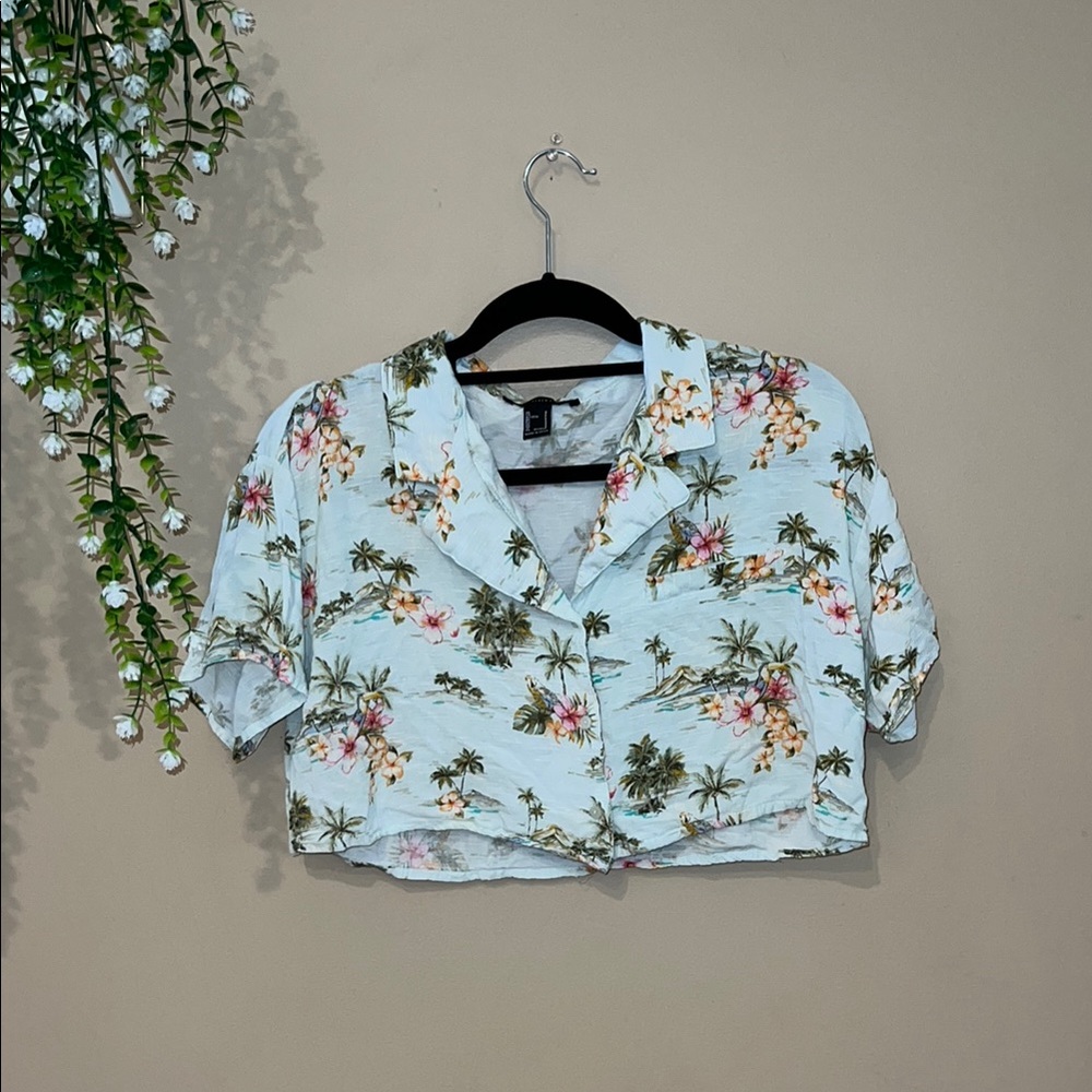 Forever 21 Tropical Print Button Down Shirt - crop top